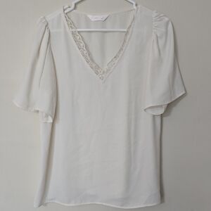 LC Lauren Conrad Ivory Lace-Trim V-Neck Blouse